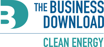 The Business Download Clean Energy Logo - Blue and turquoise sans-serif type with oval letter B graphic to left