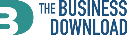 The Business Download Logo - Blue sans-serif type with turquoise oval letter B graphic to left