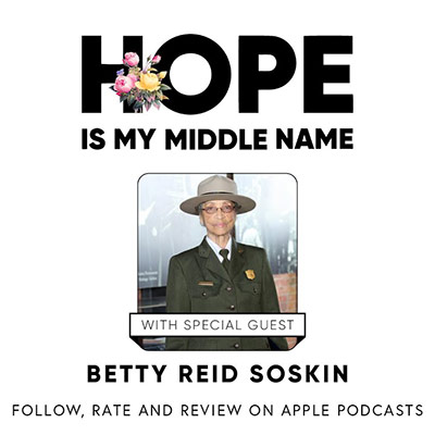 Hope is my Middle Name Logo - Black sans-serif type with bouquet of flowers above photo of Betty Reid Soskin