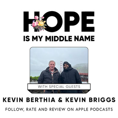 Hope is my Middle Name Logo - Black sans-serif type with bouquet of flowers above photo of Kevin Berthia and Kevin Briggs