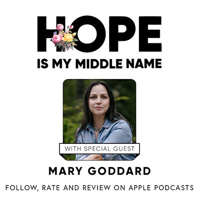 Hope is my Middle Name Logo - Black sans-serif type with bouquet of flowers above photo of Mary Goddard