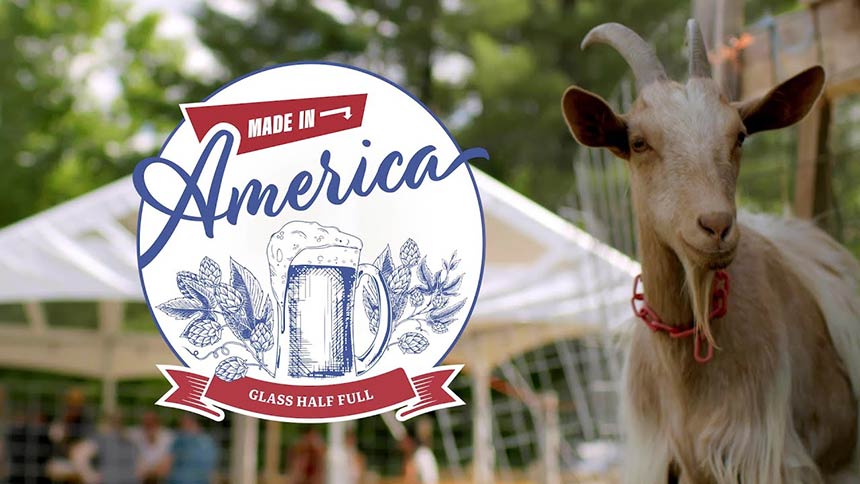 Photo of a goat with overlaying Made in America logo